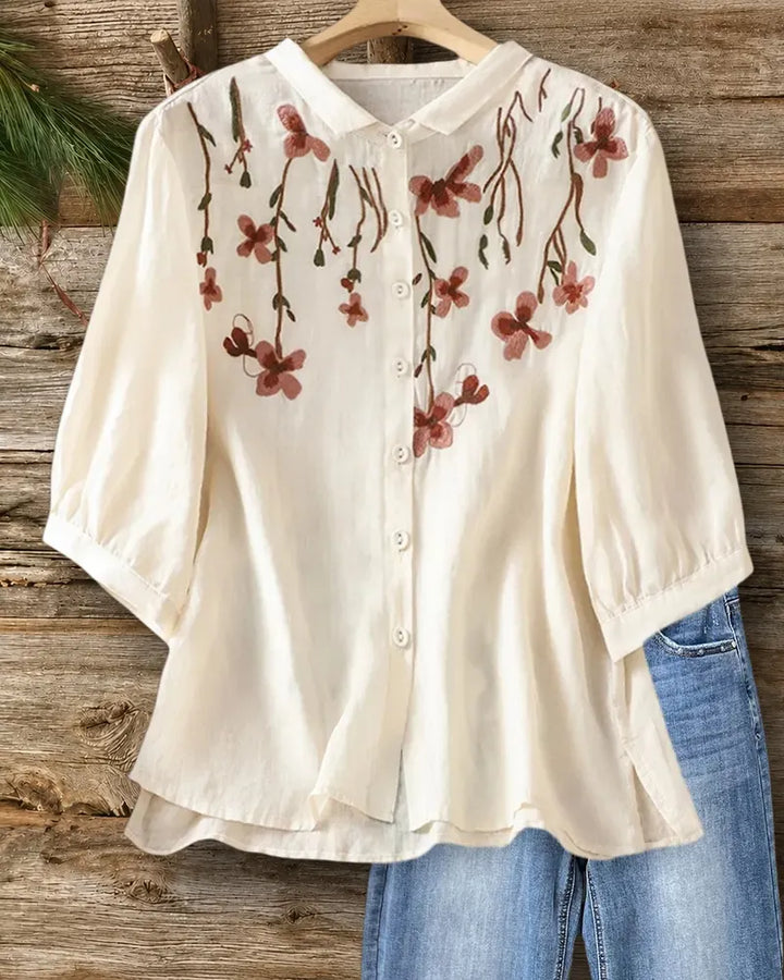 Floral Embroidered Collared Button Front 3/4 Sleeve Blouse