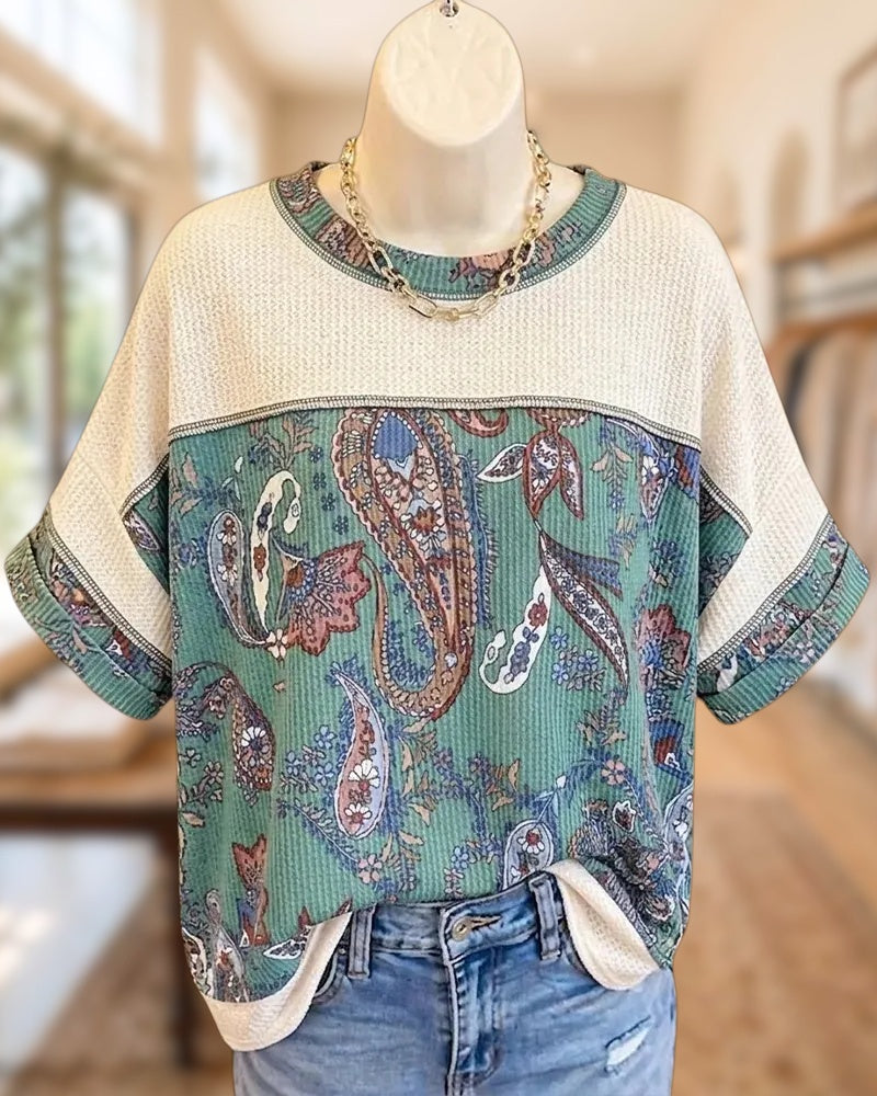 Paisley Print Contrast Panel Stitch Detail Cuffed Sleeve Top