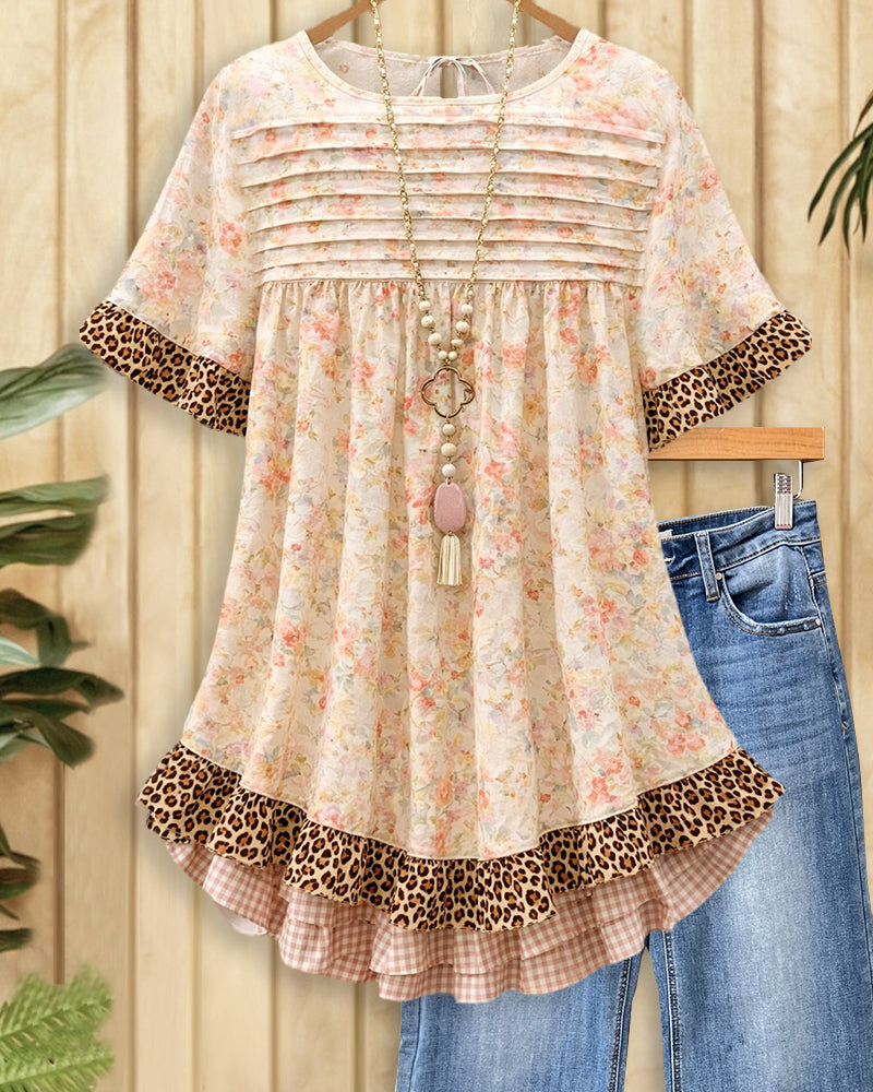 Floral Print Elegant Ruffles Trim Babydoll Blouse
