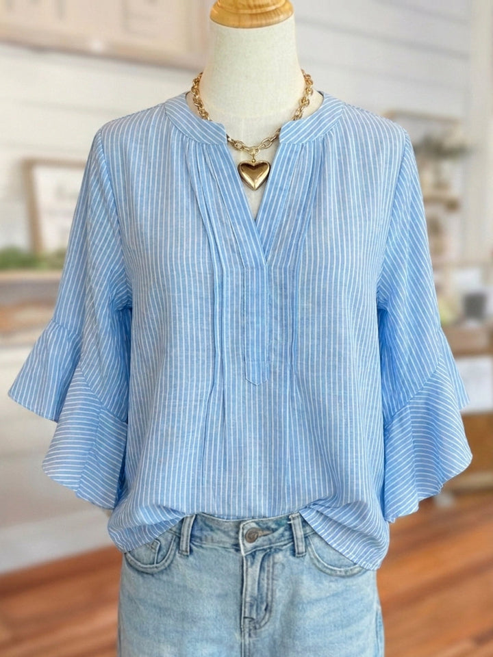 Striped Rocking Ruffle Sleeve V Neck Blouse