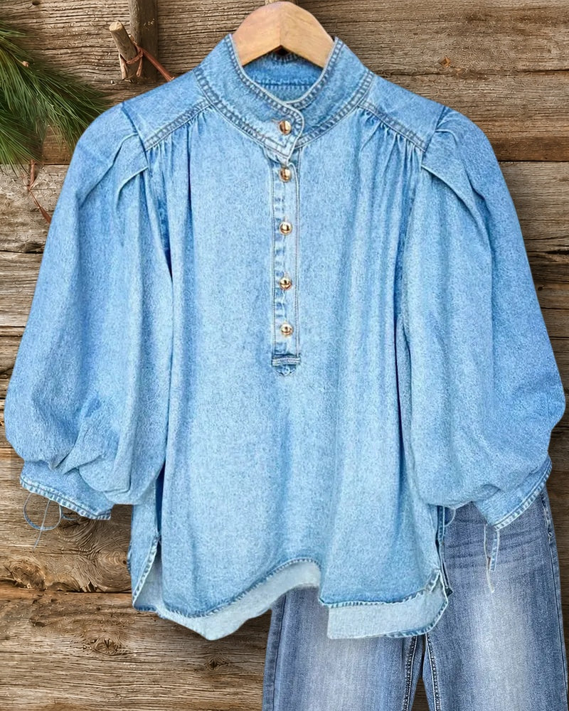 Stand Collar Half Button Puff Sleeve Tie Cuff Denim Blouse