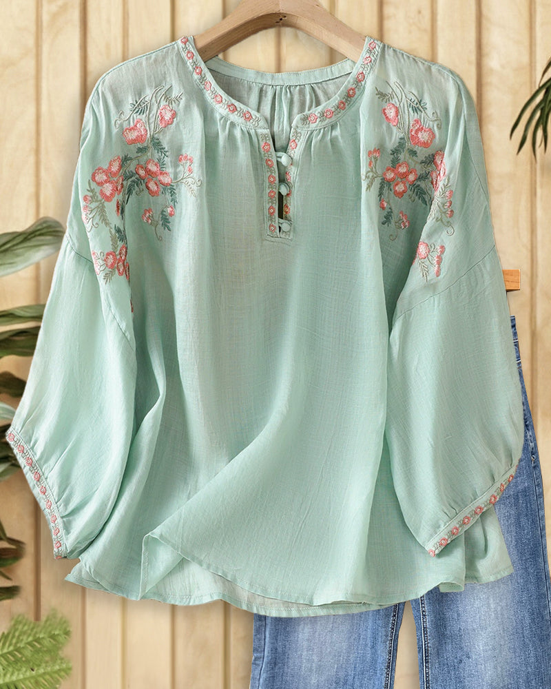 Floral Embroidered Button Placket Loose Casual 3/4 Sleeve Blouse