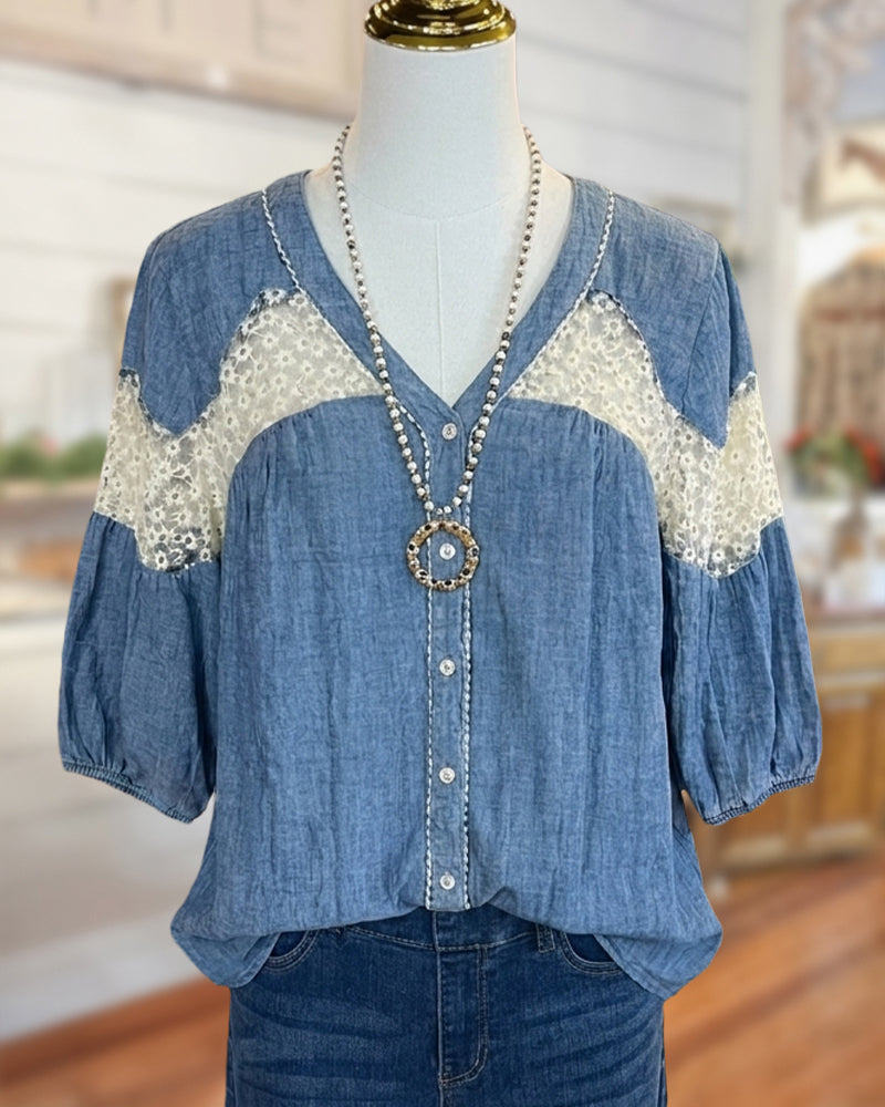 V Neck Lace Patchwork Button Front Puff Sleeve Blouse