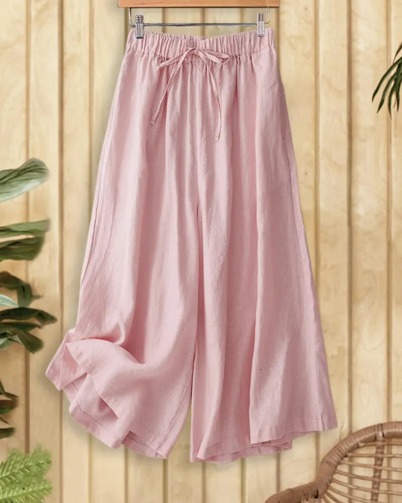 Solid Color Drawstring Waist Loose Flowy Wide Leg Pants