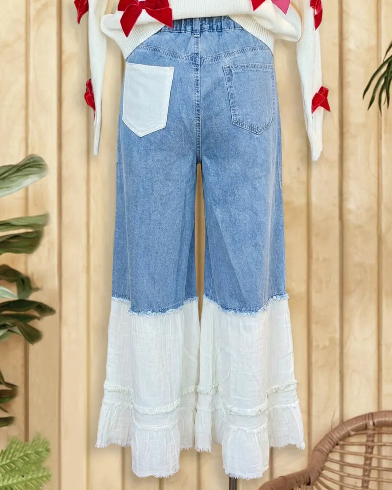 Patchwork Contrasting Rocking Wide Leg Ruffled Jeans