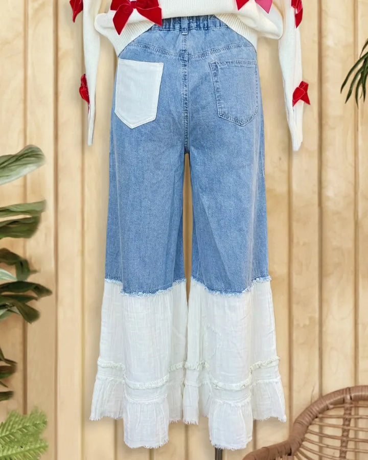 Patchwork Contrasting Rocking Wide Leg Ruffled Jeans