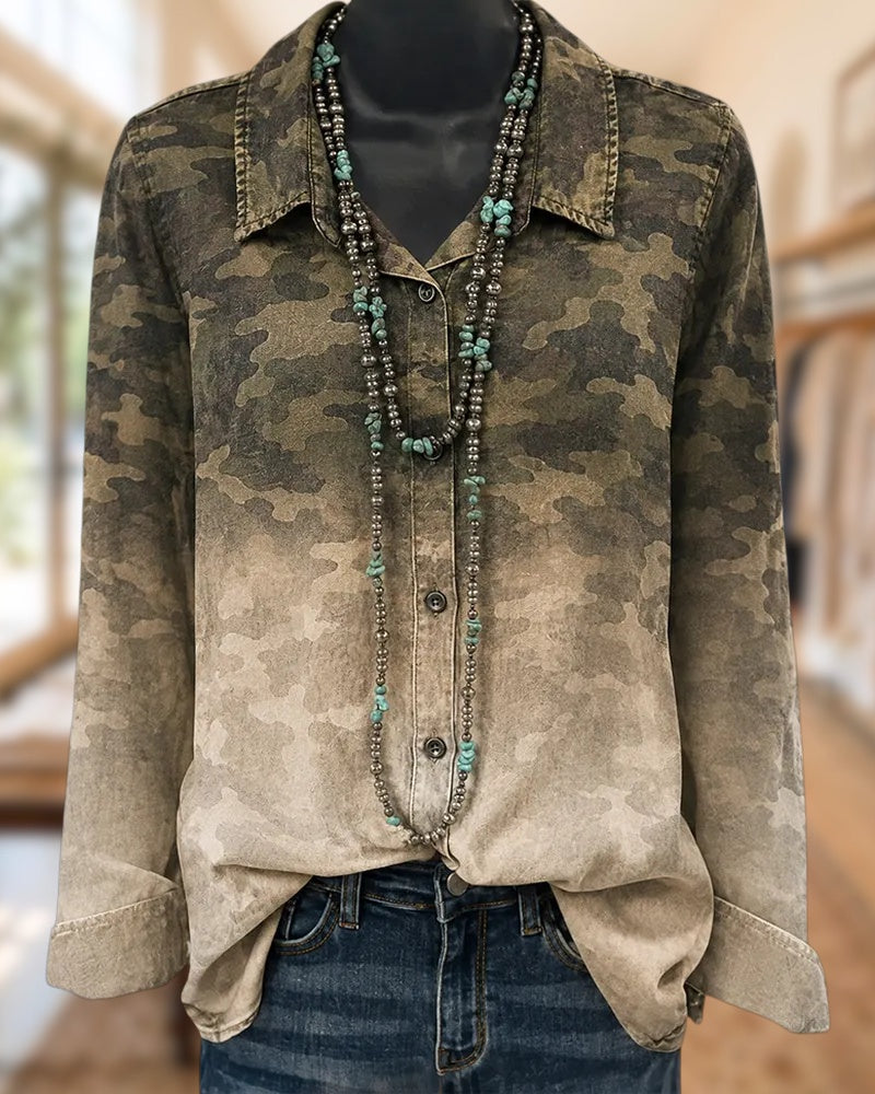 Gradient Camo Button Front Collared Long Sleeve Comfortable Shirt