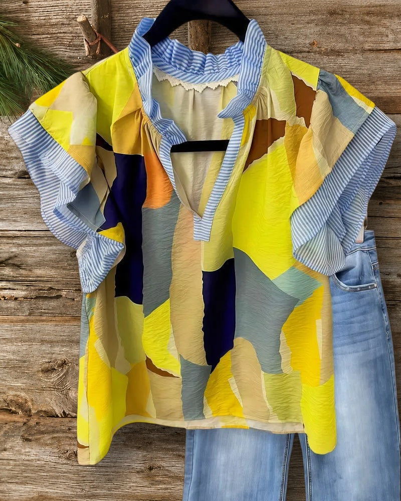 Striped Patchwork V Neck Stylish Colorblock Blouse