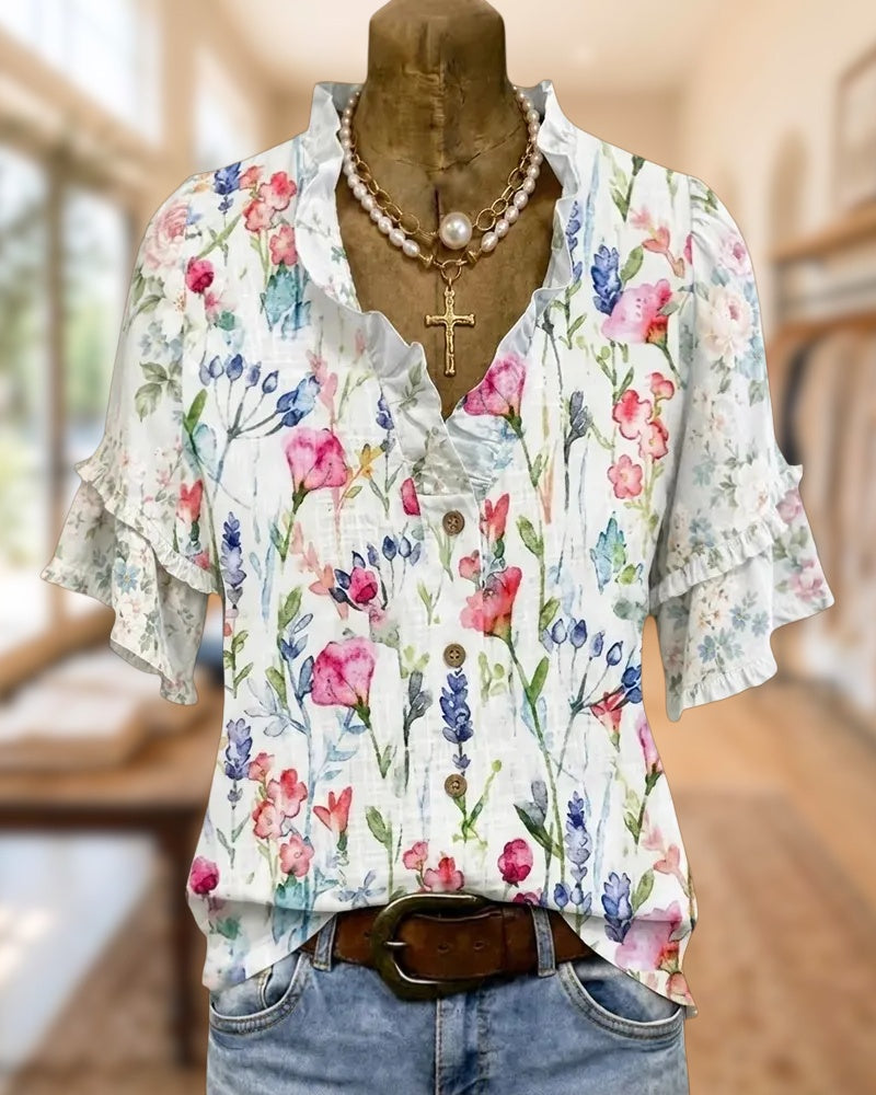 Ruffled V Neck Floral Print Button Front Tiered Sleeve Blouse