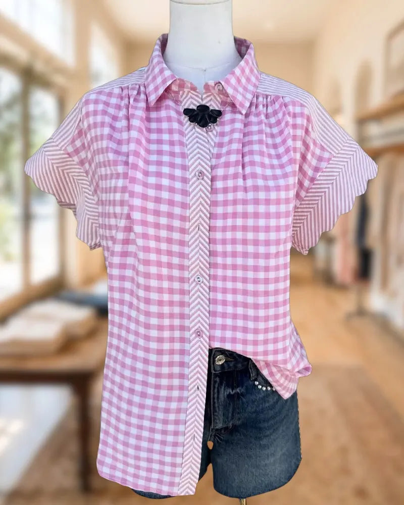 Plaid & Striped Short Sleeve Button Front Casual Shirt