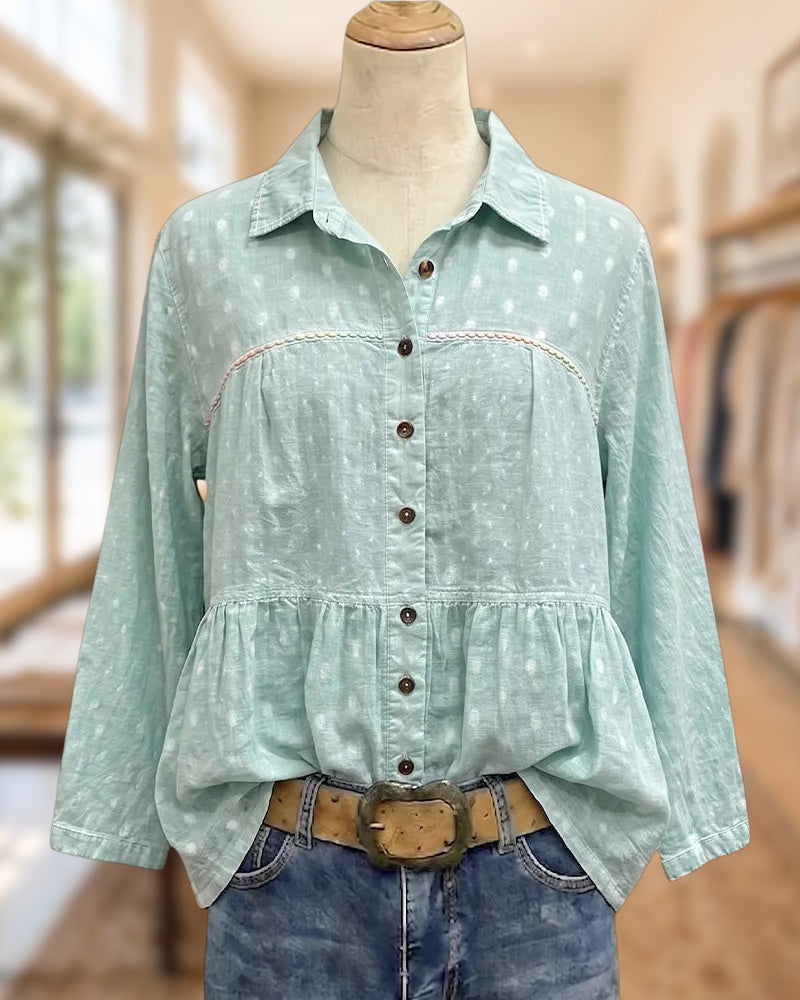 Collared Button Front 3/4 Sleeve Tiered Polka Dot Blouse