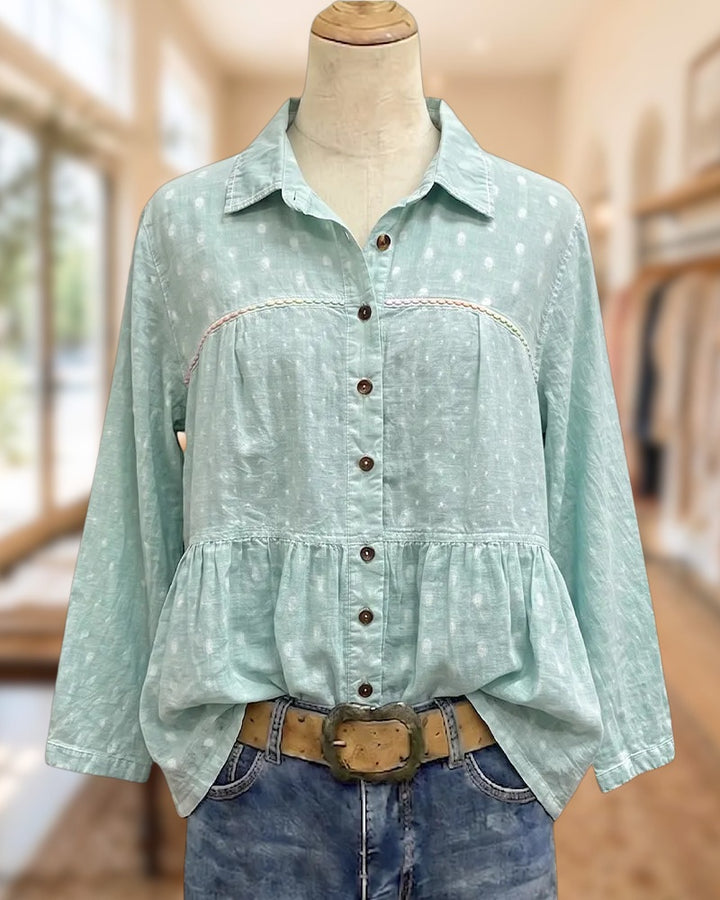 Collared Button Front 3/4 Sleeve Tiered Polka Dot Blouse