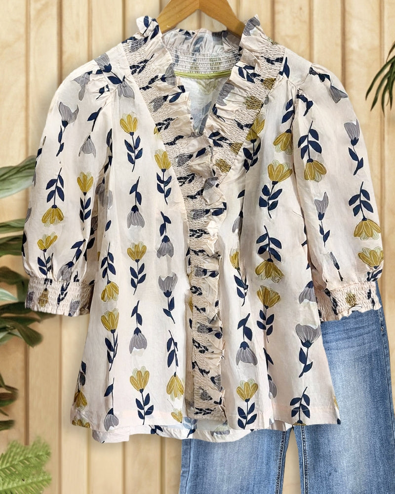 Floral Print Smocked Smart V Neck Blouse