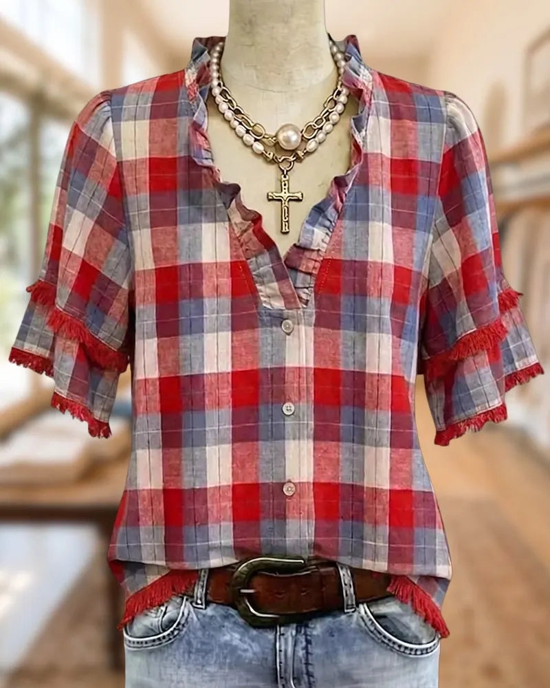 Plaid Ruffle Trim V Neck Button Front Casual Blouse