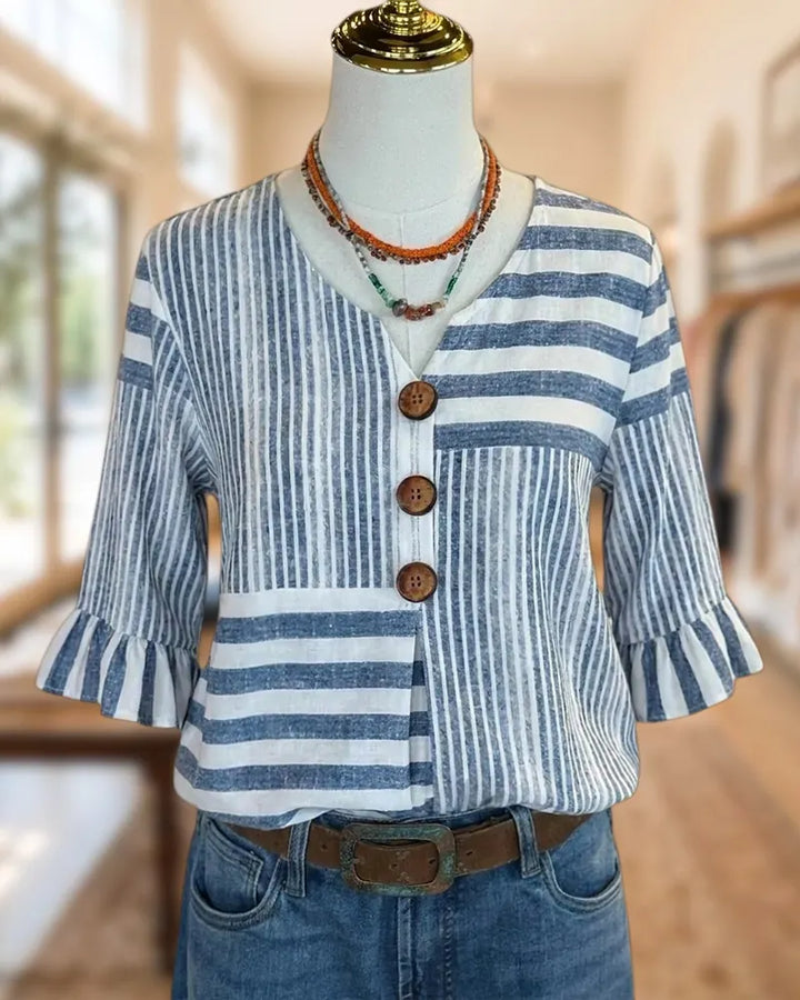 Mixed Striped Button Front Ruffle Cuff V Neck Blouse