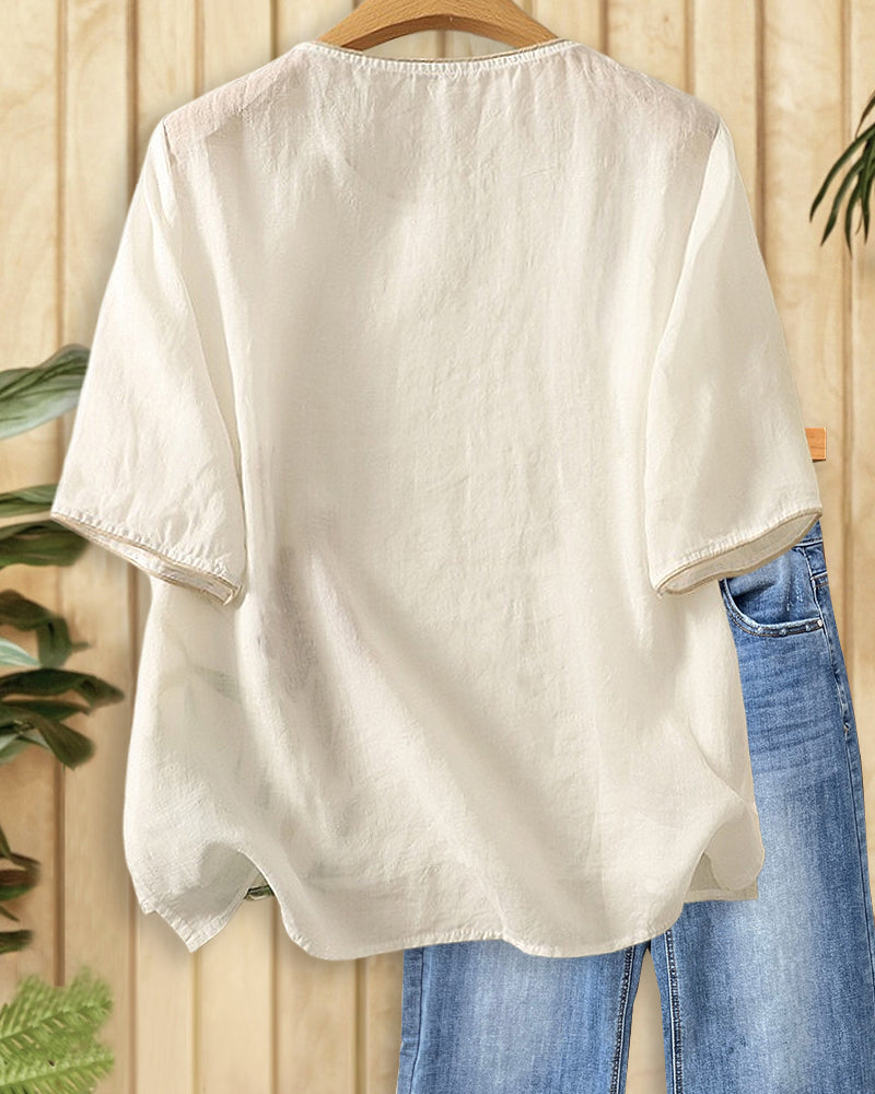 Floral Print Round Neck Loose Short Sleeve Blouse