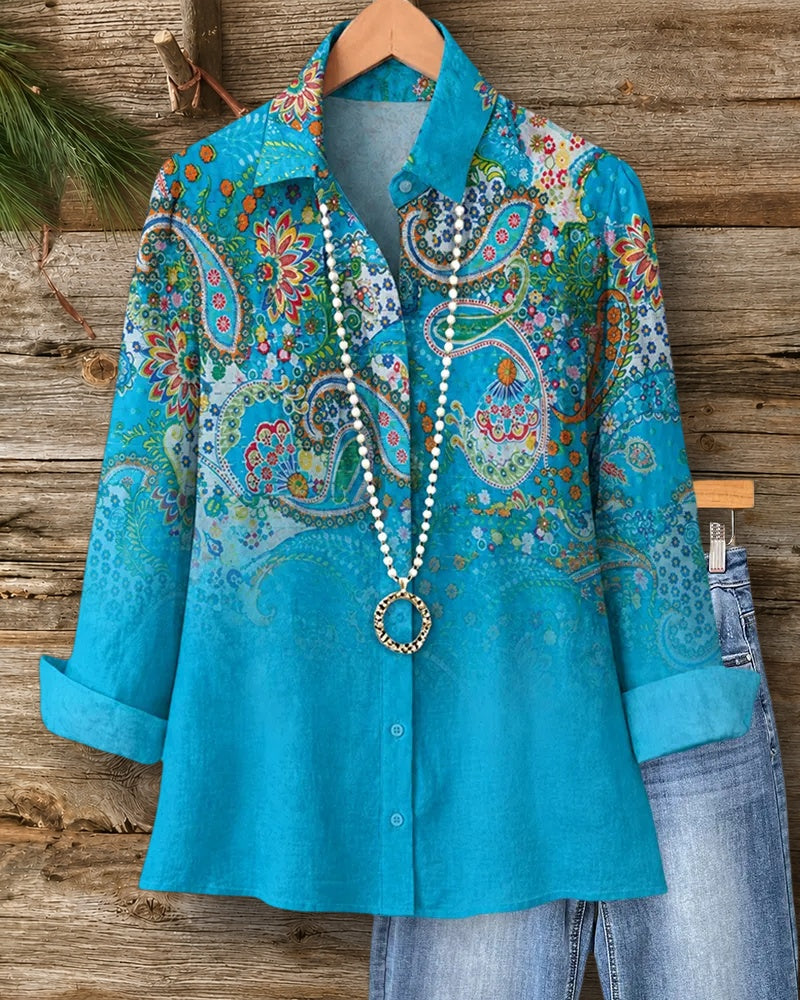 Collared Paisley Print Button Front Long Sleeve Casual Shirt