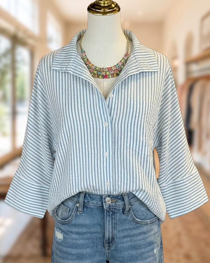 Striped Collared Button Front 3/4 Sleeve Relaxed Fit Casual Shirt