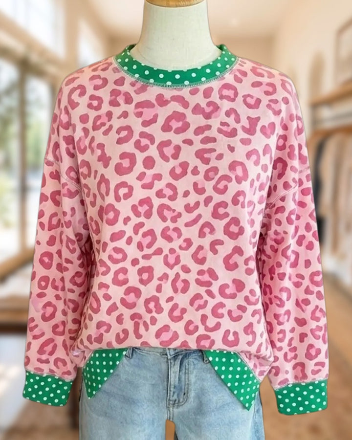 Leopard Print Contrast Polka Dot Trim Crew Neck Sweatshirt