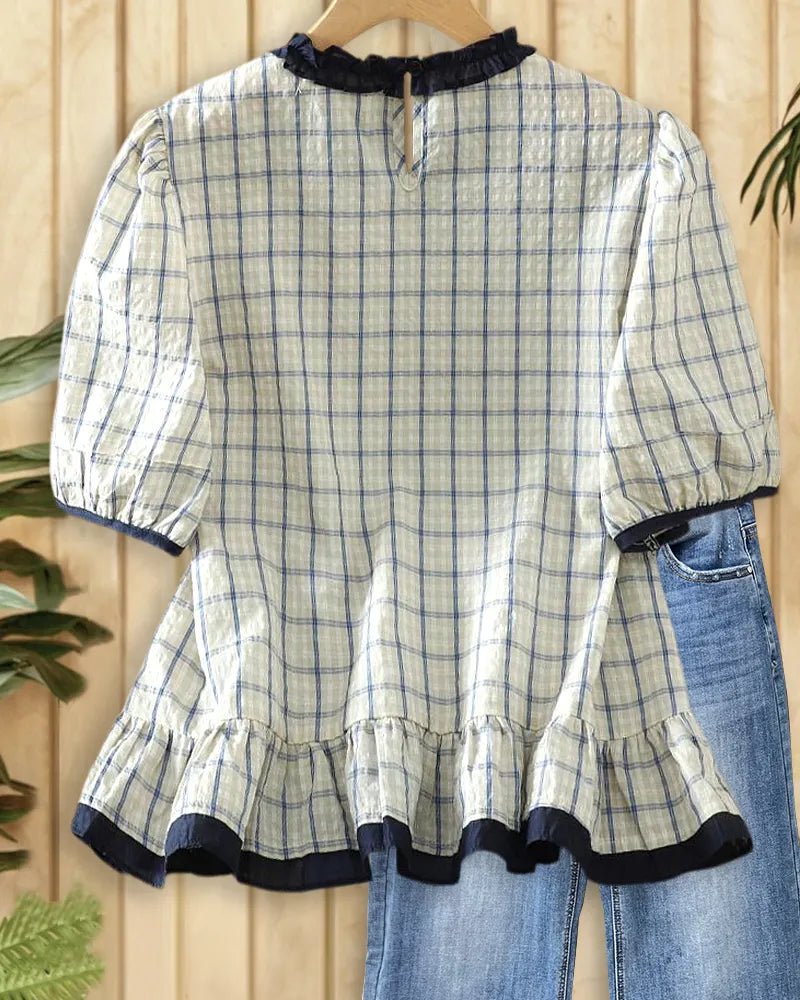 Plaid Smart Puff Sleeve Peplum Blouse