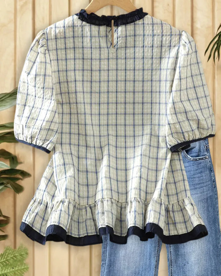 Plaid Smart Puff Sleeve Peplum Blouse