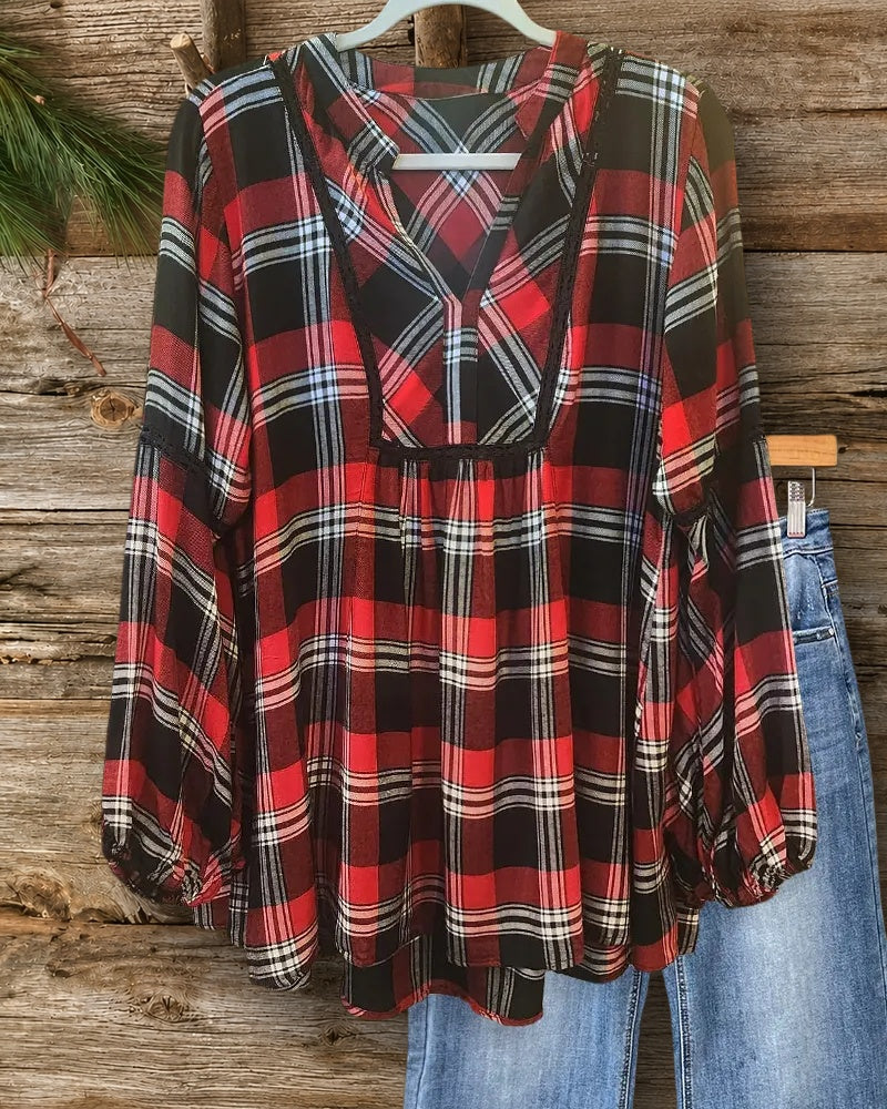 Plaid Lantern Sleeve Blouse