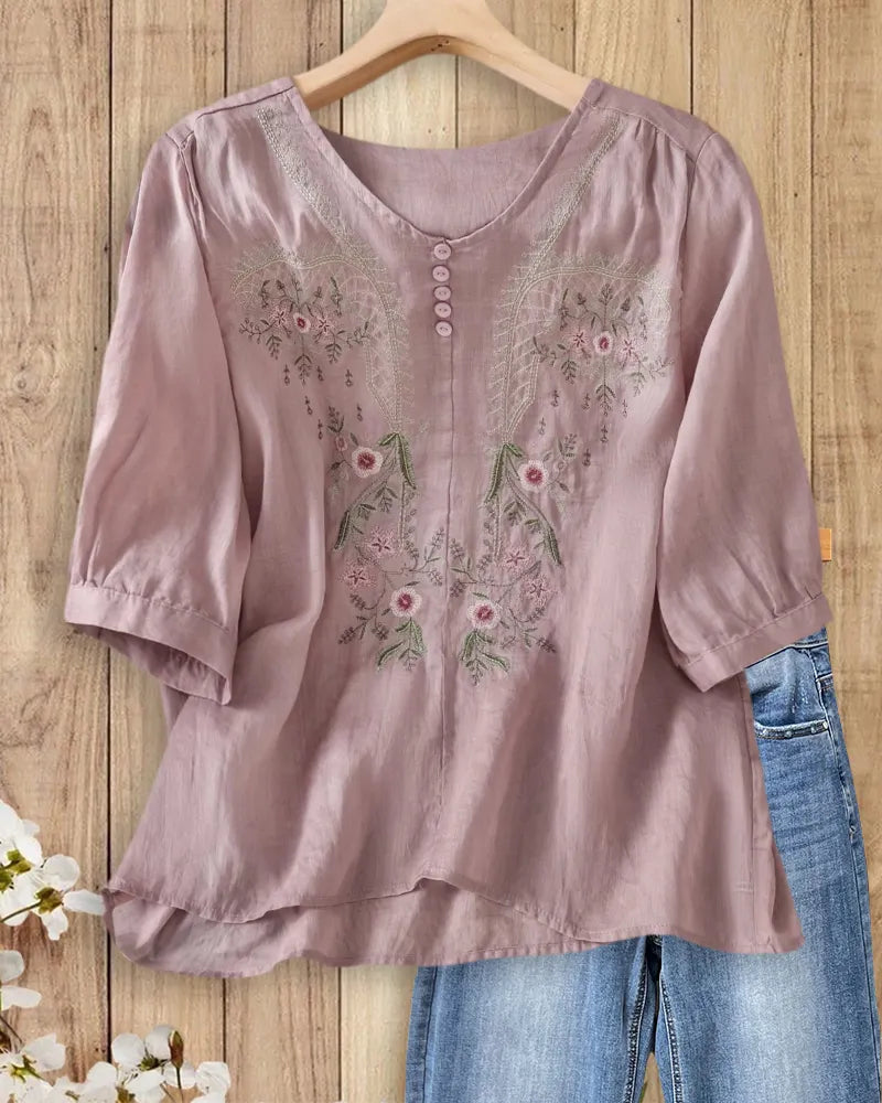 Floral Embroidered V-Neck Button Front Half Sleeve Loose Blouse