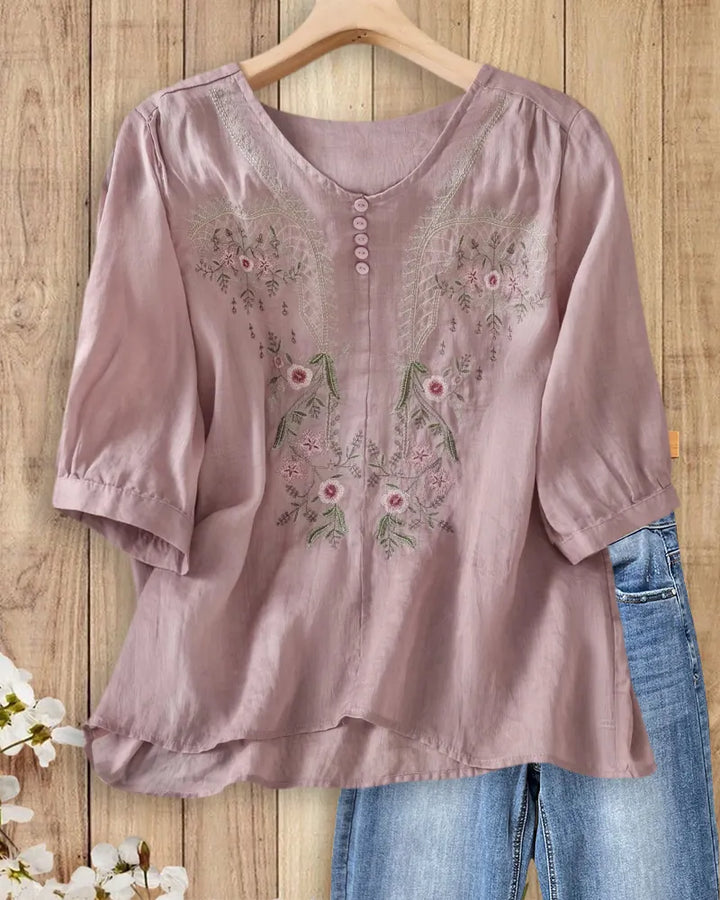 Floral Embroidered V-Neck Button Front Half Sleeve Loose Blouse
