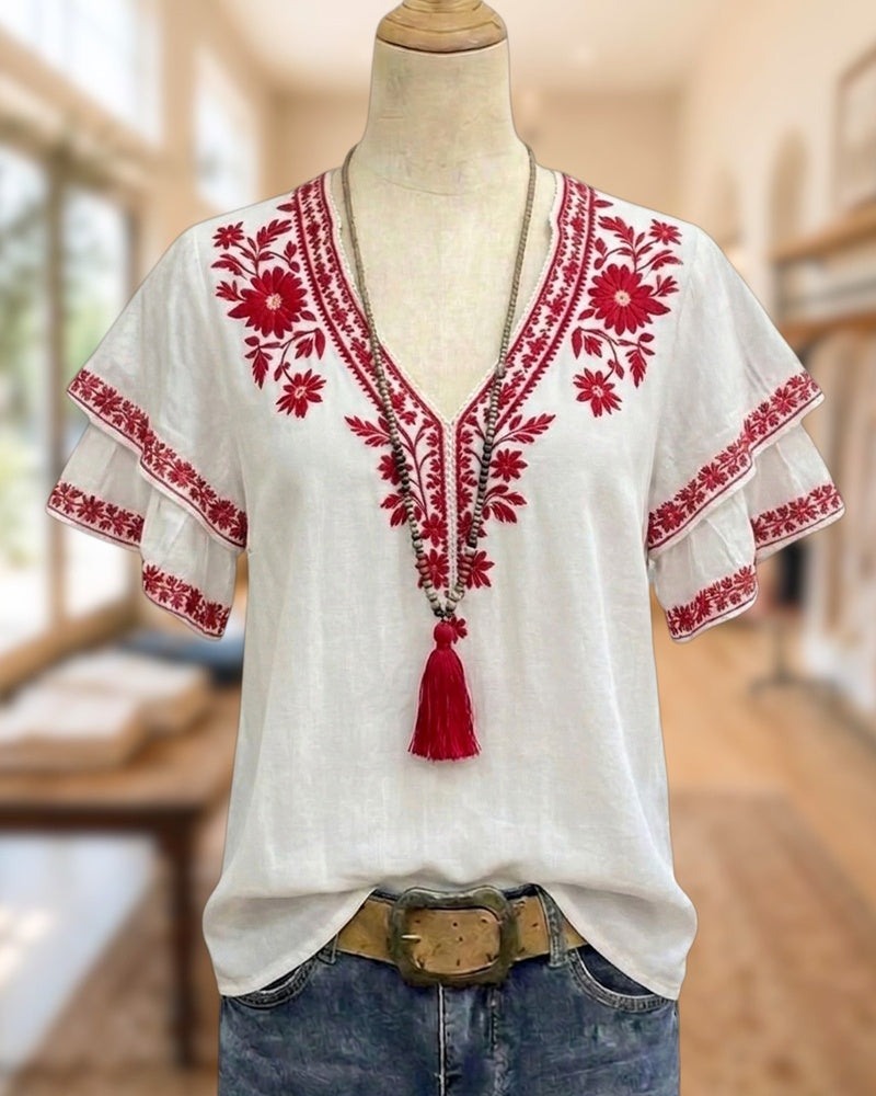 Floral Embroidered Tiered Sleeve Blouse