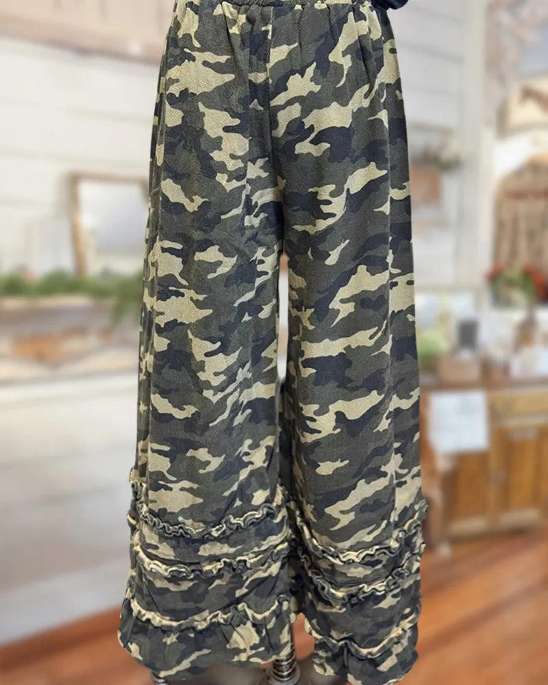 Camo Print Ruffled Wide Leg Pants with Patch Pockets