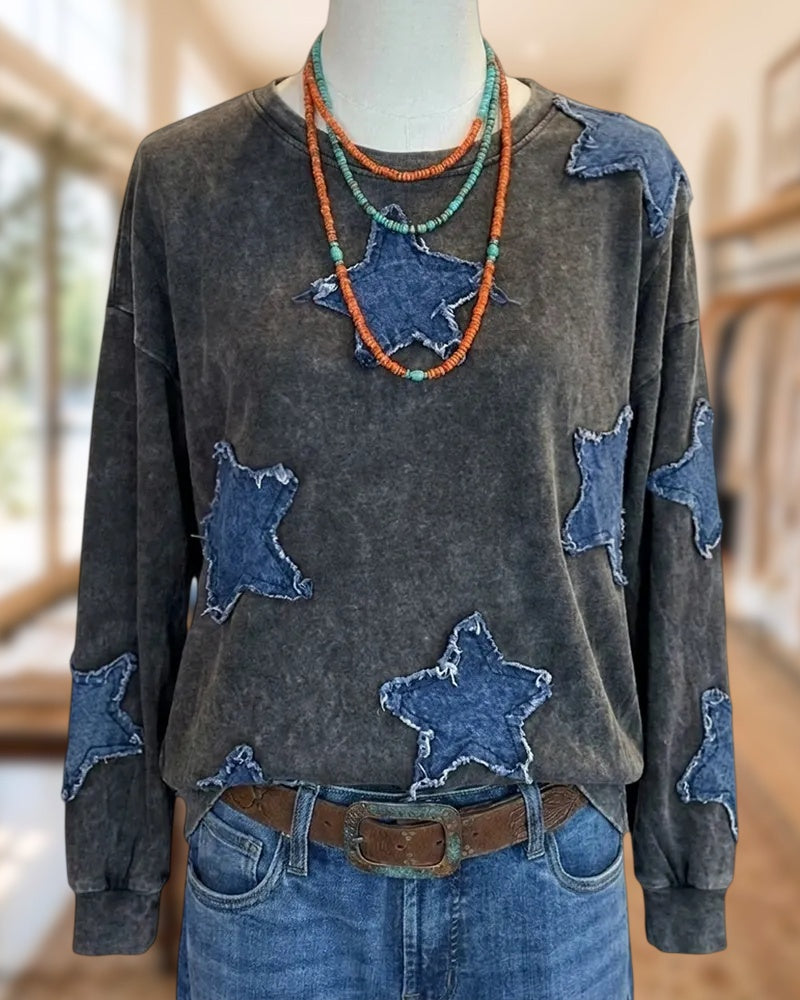 Star Applique Long Sleeve Crew Neck Casual Edgy Sweatshirt