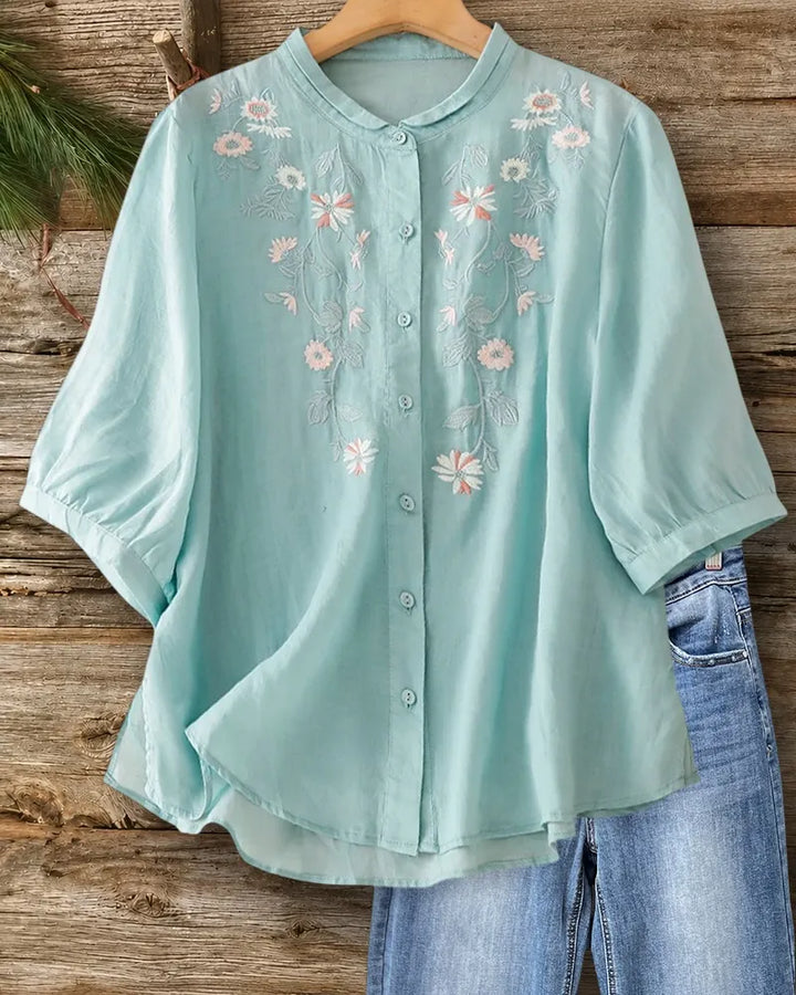 Floral Embroidered Mandarin Collar Half Sleeve Button Down Blouse