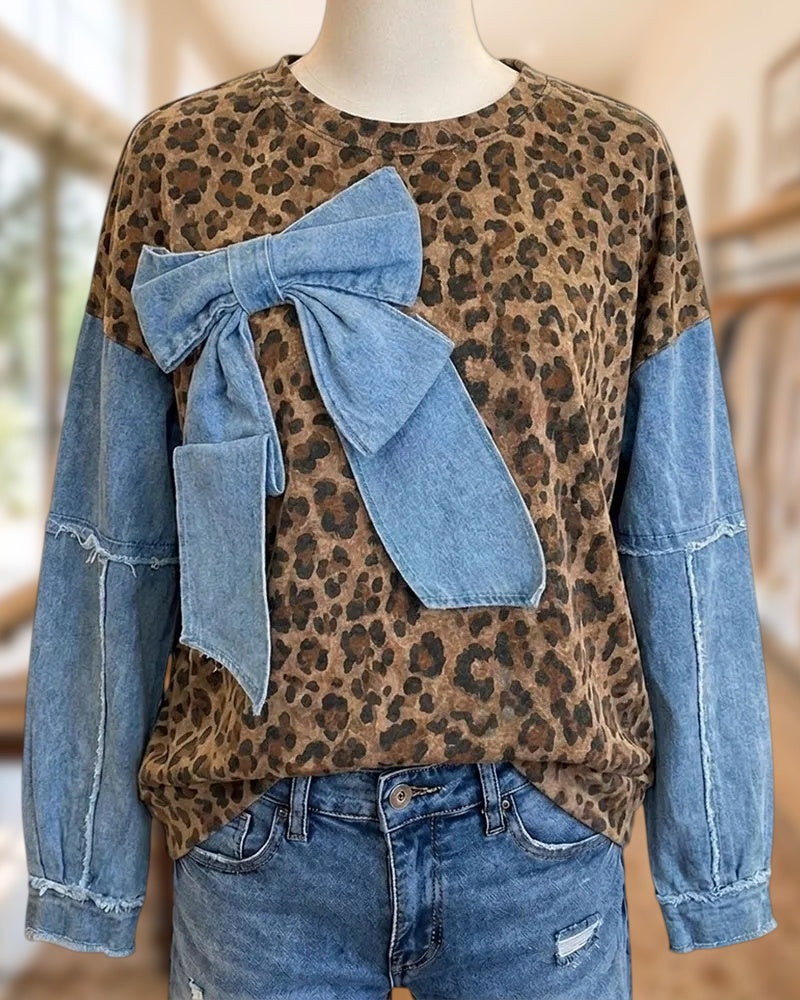 Leopard Print Bow Detail Denim Patchwork Long Sleeve Sweatshirt
