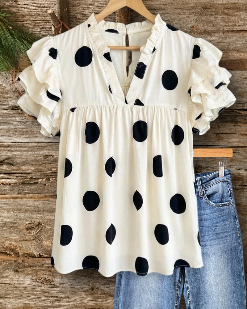 Polka Dot Ruffle Sleeve V Neck Empire Waist Blouse