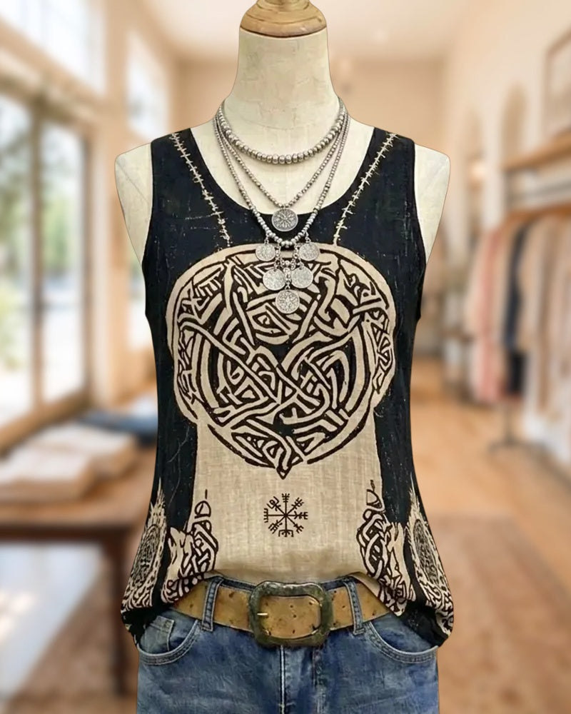 Celtic Tribal Print Contrast Panel Round Neck Tank Top