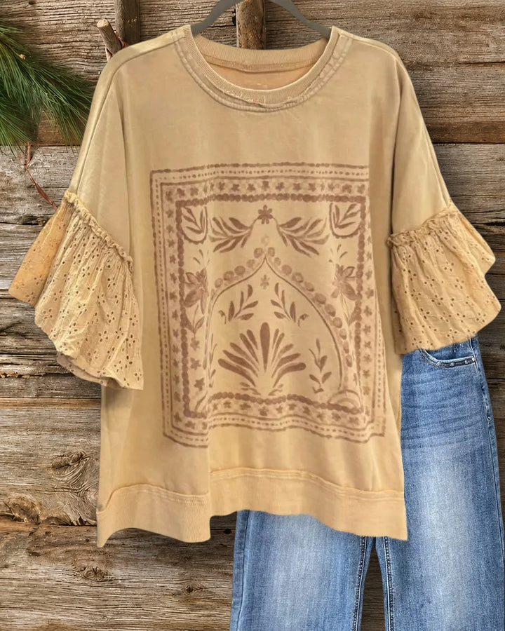 Floral Print Round Neck Ruffle Sleeve Girly Shirt