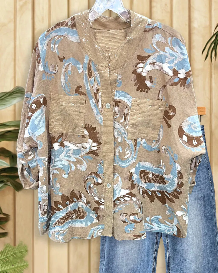 Sequined & Paisley Print Cozy Pocket Button Up Shirt