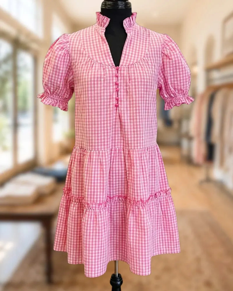 Gingham Puff Sleeve V-Neck Stunning Tiered Mini Dress