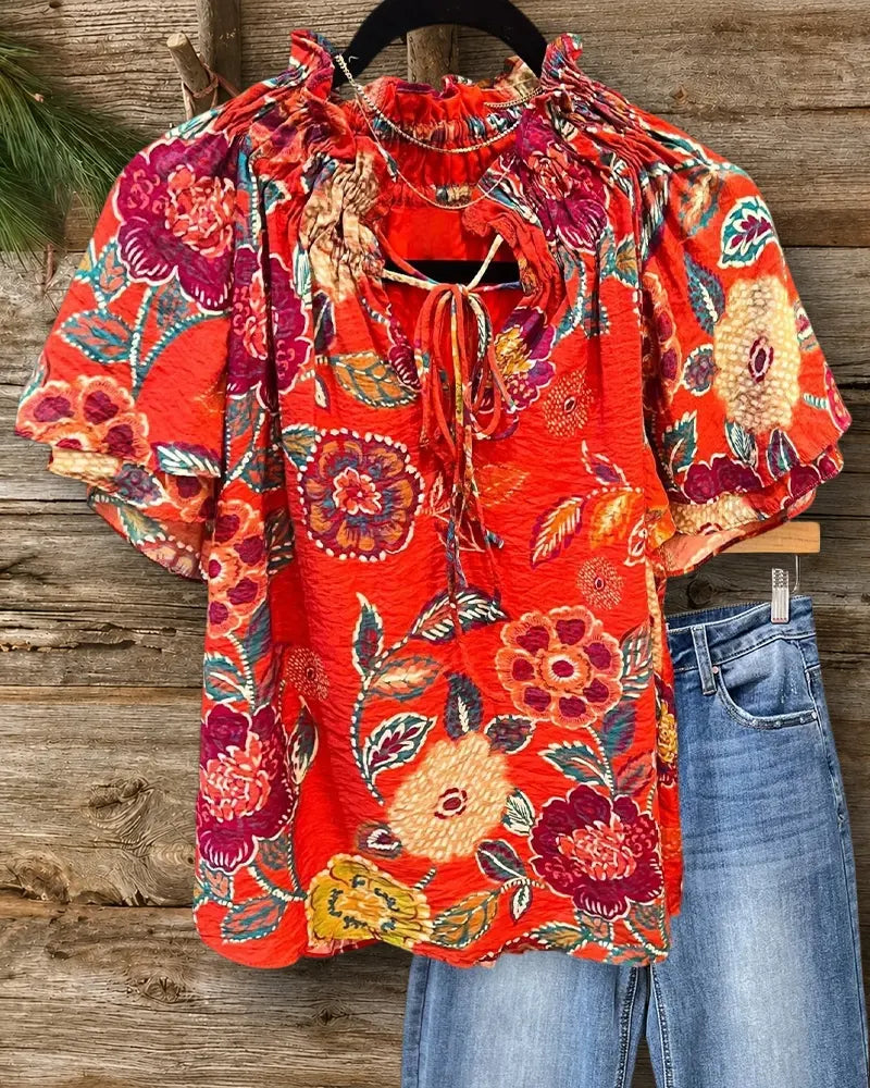 Boho Floral Print Ruffled Tie Neck Flutter Sleeve Blouse