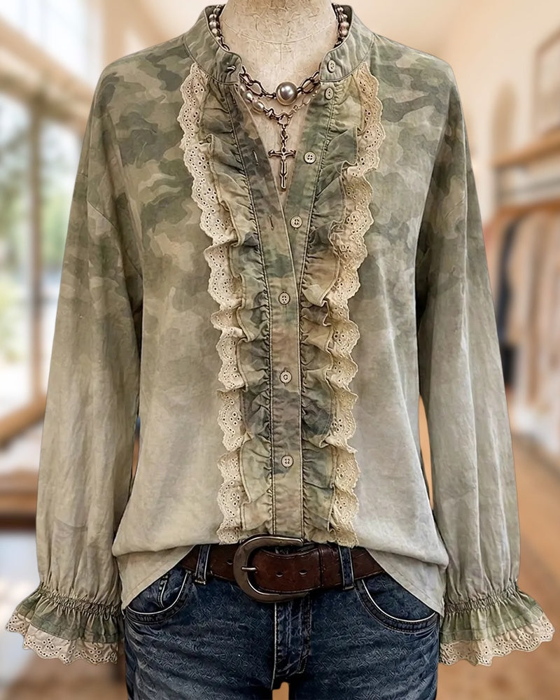 Camouflage Print Ruffle Lace Trim Button Front Long Sleeve Blouse