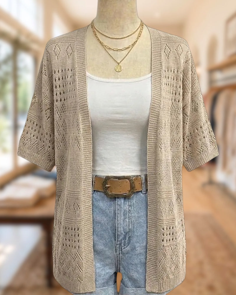 Open Front Half Sleeve Cutout Knit Casual Cardigan
