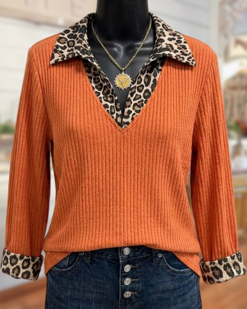 Leopard Contrast Collared Ribbed Long Sleeve Blouse
