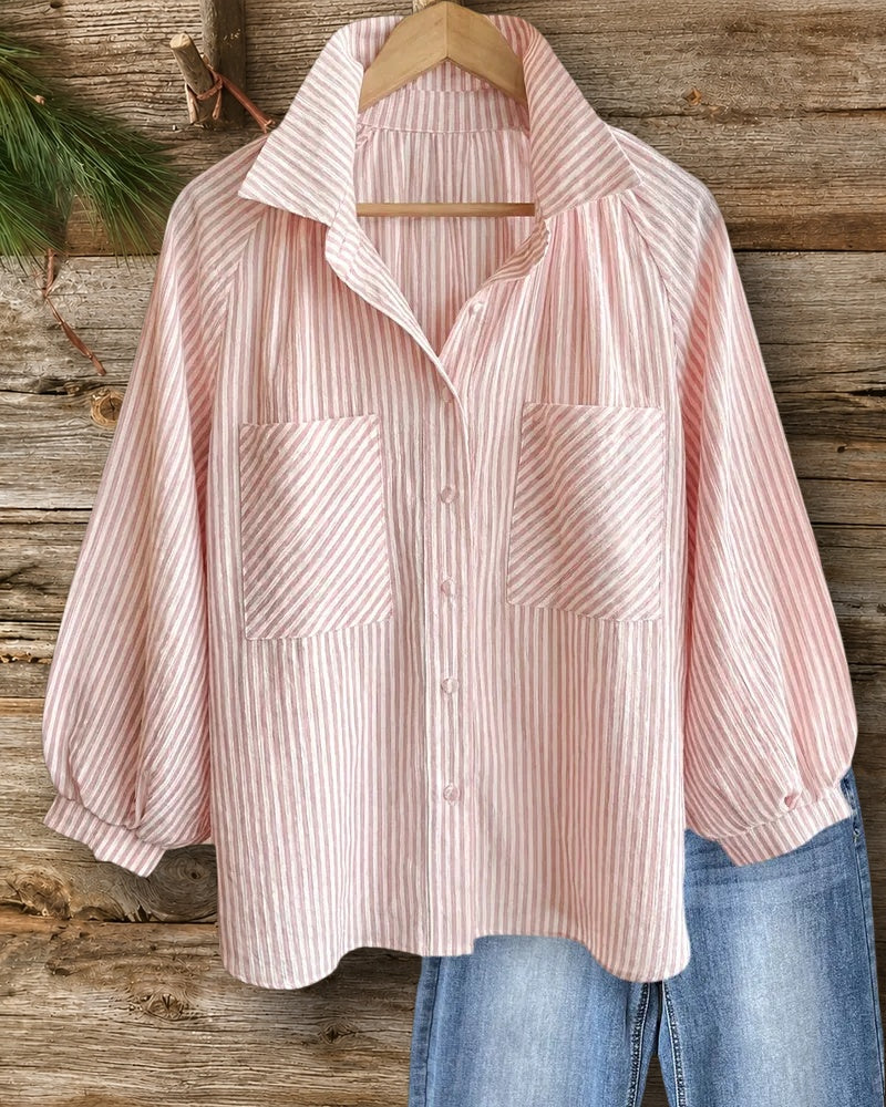 Striped Collared Lantern Sleeve Dual Pocket Button Front Shirt