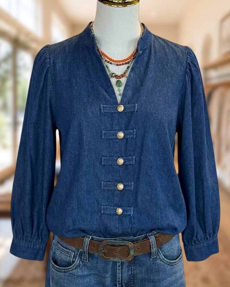 Stand Collar Gold Button Denim Blouse
