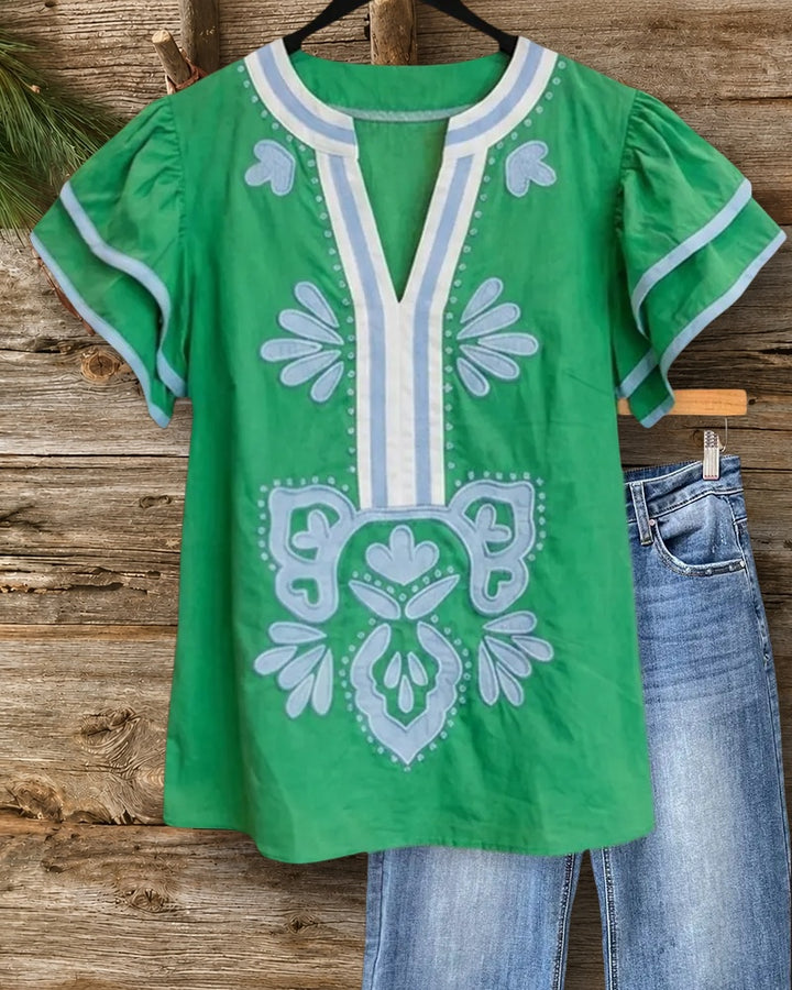 Embroidered V Neck Flutter Sleeve Contrast Trim Loose Blouse