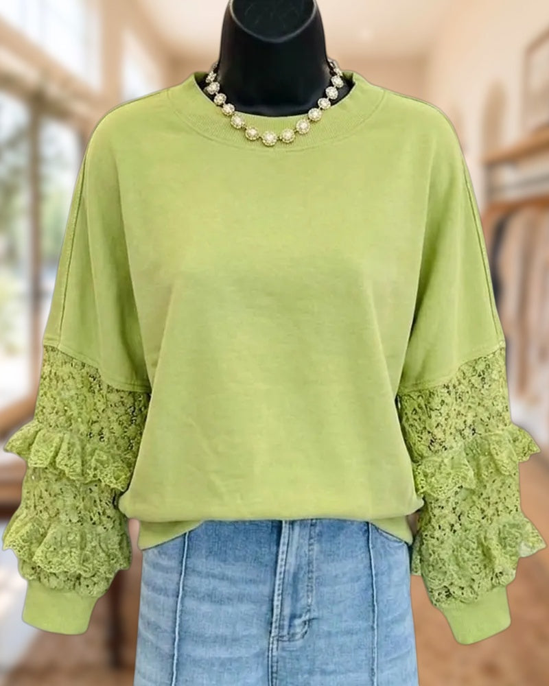 Crew Neck Lace Panel Ruffle Sleeve Loose Casual Sweatshirt