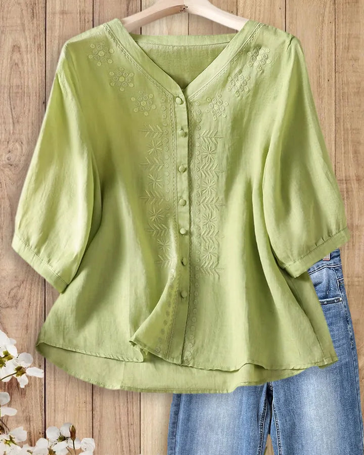 V Neck Floral Embroidery Button Front 3/4 Sleeve Flowy Blouse