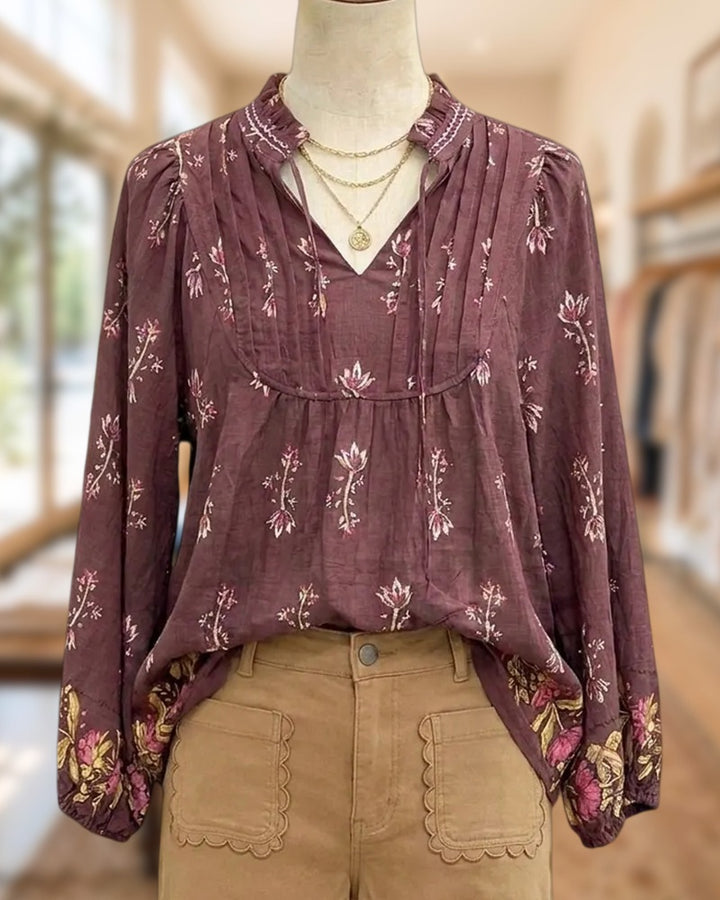 Floral Print V Neck Bohemian Blouse With Pintuck Details