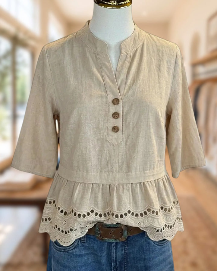 Half Sleeve Mandarin Collar Button Front Eyelet Trim Peplum Blouse