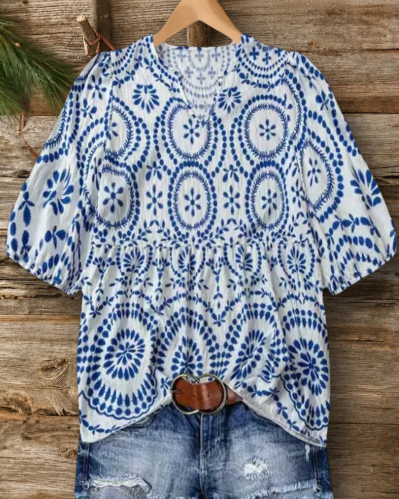 V Neck Puff Sleeve Gathered Waist Printed Casual Blouse